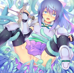 Rule 34 | 1girl, anus, armor, bar censor, black gloves, black thighhighs, blue eyes, blue hair, blush, boobplate, breastplate, censored, clenched teeth, clothing aside, commentary request, crying, crying with eyes open, fingerless gloves, fireflysnow, foot out of frame, gauntlets, gloves, hair between eyes, hair ribbon, holding, holding sword, holding weapon, imminent rape, looking at viewer, lord knight (ragnarok online), miniskirt, panties, panties aside, pauldrons, pink skirt, poleyn, pussy, ragnarok online, ribbon, shoulder armor, skirt, solo, spica parfait, spread legs, spread pussy, strong stars story, sword, tears, teeth, tentacle sex, tentacles, thighhighs, underwear, vaginal, weapon