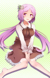 Rule 34 | 1girl, barefoot, blush, dress, flower, food, frilled dress, frills, hair flower, hair ornament, highres, knees together feet apart, long hair, low twintails, n-mix, painting (medium), parted bangs, purple eyes, purple hair, short dress, simple background, smile, solo, sweets, touhou, traditional media, tsukumo benben, twintails, very long hair, watercolor (medium)