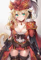 Rule 34 | 1girl, animal ears, belt, black belt, black bow, black gloves, black thighhighs, blonde hair, blush, bow, breasts, cat ears, cleavage, closed mouth, collar, collarbone, commentary request, cowboy shot, earrings, facial mark, fang, final fantasy, final fantasy xiv, frills, fur, gloves, green eyes, hair between eyes, hat, highres, jacket, jewelry, large breasts, long hair, long sleeves, looking at viewer, miniskirt, miqo&#039;te, momoko (momopoco), necklace, red collar, red hat, red jacket, red mage (final fantasy), red skirt, ring, simple background, skirt, smile, solo, standing, sweat, tail, thighhighs, wavy mouth, zettai ryouiki