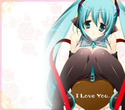 Rule 34 | 1girl, aqua hair, black thighhighs, candy, chocolate, chocolate heart, detached sleeves, english text, food, hatsune miku, heart, kaede (artist), long hair, looking at viewer, shigunyan, sitting, solo, thighhighs, twintails, valentine, very long hair, vocaloid