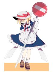 Rule 34 | 1girl, absurdres, apron, back bow, blonde hair, blue shirt, blue skirt, bow, brown footwear, closed mouth, frilled apron, frilled skirt, frills, full body, hair between eyes, hat, hat bow, hat ribbon, head tilt, highres, holding, kana anaberal, large bow, looking down, maid apron, medium hair, neck ribbon, no entry sign, red bow, red ribbon, ribbon, road sign, shirt, shoes, sign, simple background, skirt, so happy 64, solo, touhou, touhou (pc-98), white apron, white background, white bow, white hat, white shirt, yellow eyes