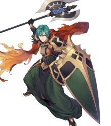 Rule 34 | 1boy, attack, axe, battle axe, cape, ephraim (fire emblem), ephraim (twin refulgence) (fire emblem), ephraim (twin refulgence) (resplendent) (fire emblem), fire emblem, fire emblem: the sacred stones, fire emblem heroes, gold trim, green eyes, highres, holding, holding axe, holding shield, nintendo, non-web source, official alternate costume, official art, red cape, shield, solo, weapon