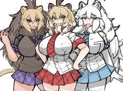 Rule 34 | 3girls, alternate breast size, animal ears, arm at side, barbary lion (kemono friends), bare arms, black shirt, blonde hair, blue eyes, blue neckwear, blue skirt, bodystocking, breast pocket, breasts, brown eyes, brown hair, buttons, cat girl, cowboy shot, dress shirt, dyed bangs, fang, finger to mouth, fur collar, hair between eyes, hand up, hands on own hips, highres, huge breasts, impossible clothes, impossible shirt, kemono friends, lion (kemono friends), lion ears, lion girl, lion tail, long hair, medium hair, miniskirt, multicolored hair, multiple girls, nanoder, necktie, open mouth, plaid, plaid neckwear, plaid skirt, plaid sleeves, plaid trim, pleated skirt, pocket, purple neckwear, purple skirt, red neckwear, red skirt, shirt, short sleeves, simple background, skirt, smile, sweater vest, tail, tan, two-tone hair, v-shaped eyebrows, very long hair, white background, white hair, white lion (kemono friends), white shirt, yellow eyes