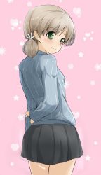 Rule 34 | 1girl, abimaru gup, aki (girls und panzer), arm behind back, blue shirt, closed mouth, commentary, cowboy shot, from behind, girls und panzer, green eyes, grey skirt, hair tie, hand on own arm, heart, highres, keizoku school uniform, light brown hair, long sleeves, looking at viewer, looking back, low twintails, miniskirt, pink background, pleated skirt, school uniform, shirt, short hair, short twintails, skirt, smile, solo, standing, star (symbol), striped clothes, striped shirt, twintails, twitter username, vertical-striped clothes, vertical-striped shirt