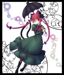 Rule 34 | 1girl, animal ears, black pantyhose, boots, bow, braid, cat ears, cat tail, hayabusa koi, holding, kaenbyou rin, long hair, looking at viewer, multiple tails, pantyhose, parasol, pointy ears, red eyes, red hair, solo, tail, touhou, twin braids, umbrella, very long hair