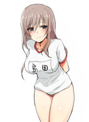 Rule 34 | 1girl, alternate costume, arms behind back, bare legs, blush, breasts, brown eyes, brown hair, girls und panzer, gym shirt, gym uniform, highres, large breasts, leaning forward, long hair, nasunael, one-hour drawing challenge, shimada chiyo, shirt, simple background, smile, solo, white background