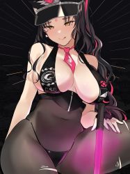 Rule 34 | 1girl, bikini, black bikini, bodystocking, breasts, brown hair, cleavage, facial mark, fate/grand order, fate (series), fingernails, forehead mark, glowstick, hat, large breasts, licking lips, long hair, multicolored hair, nail polish, necktie, oni kanzei, peaked cap, pink hair, pink nails, see-through, sessyoin kiara, sessyoin kiara (swimsuit mooncancer), sessyoin kiara (swimsuit mooncancer) (second ascension), short necktie, solo, swimsuit, thighs, tongue, tongue out, torn bodystocking, torn clothes, two-tone hair, wavy hair, yellow eyes