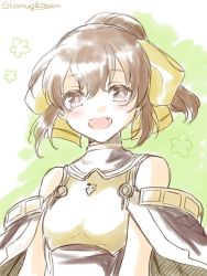 Rule 34 | armor, artist name, bad id, bad pixiv id, bare shoulders, blush, bow, breastplate, brown hair, cape, delthea (fire emblem), fang, fire emblem, fire emblem echoes: shadows of valentia, hanasaki komugi, long hair, nintendo, open mouth, ponytail, portrait, solo, white background