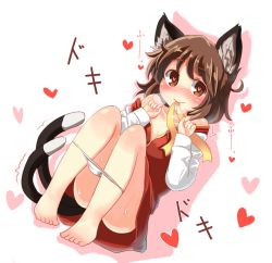 Rule 34 | 1girl, animal ear fluff, animal ears, blush, brown hair, cat ears, cat tail, chen, hat, heart, heart-shaped pupils, kibisake, multiple tails, nekomata, panties, panty pull, s katsuo, short hair, smile, solo, symbol-shaped pupils, tail, touhou, two tails, underwear