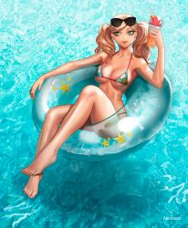 Rule 34 | 1girl, afloat, aqua eyes, barefoot, bikini, blonde hair, breasts, cocktail, cocktail glass, commentary, cup, drinking glass, eyewear on head, feet, full body, holding, holding cup, innertube, legs, long hair, looking at viewer, medium breasts, nextoad, parted lips, persona, persona 5, solo, sunglasses, swim ring, swimming, swimsuit, takamaki anne, toes, twintails, water, watermark