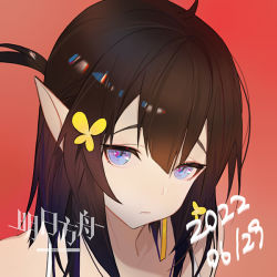 Rule 34 | 1girl, ahoge, arknights, blue eyes, brown hair, butterfly hair ornament, copyright name, dated, earrings, eunectes (arknights), eunectes (forgemaster) (arknights), female focus, hair ornament, jewelry, mang (0 felicidades), official alternate costume, pointy ears, portrait, red background, short hair, simple background, solo, tassel, tassel earrings