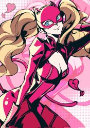 Rule 34 | 1girl, blonde hair, blue eyes, bodysuit, breasts, cat tail, cleavage, cleavage cutout, closed mouth, clothing cutout, commentary request, fake tail, gloves, highres, lips, long hair, long sleeves, looking at viewer, mask, masked, medium breasts, nagisa99, persona, persona 5, pink gloves, pink lips, red bodysuit, red mask, sitting, smile, solo, tail, takamaki anne, twintails, very long hair, wavy hair