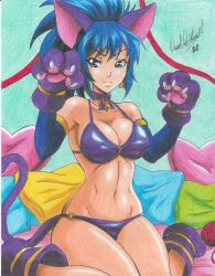 Rule 34 | 1girl, 2020, absurdres, animal ears, bare shoulders, bikini, blue eyes, blue hair, boots, breasts, cat ears, cat tail, claw pose, claws, cleavage, elbow gloves, fake animal ears, fake nails, fake tail, gloves, highres, indoors, large breasts, leona heidern, long hair, navel, pillow, ponytail, purple bikini, purple gloves, purple tail, ravernclouk design, sitting, snk, solo, swimsuit, tail, the king of fighters, traditional media, yarn, yarn ball