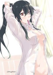 Rule 34 | 1girl, arms behind head, black hair, blush, bottomless, breasts, brown eyes, collarbone, day, hair tie in mouth, indoors, kantai collection, long hair, long sleeves, looking at viewer, medium breasts, mikage takashi, morning, mouth hold, navel, no bra, open clothes, open shirt, ponytail, scrunchie, shirt, sidelocks, solo, twitter username, tying hair, upper body, white shirt, window, yahagi (kancolle)