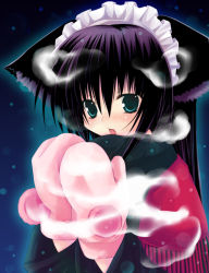 Rule 34 | 1girl, animal ears, breath, cat ears, female focus, kannon ouji, maid, mittens, pink mittens, snow, snowing, solo, upper body