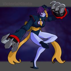 Rule 34 | 1girl, blue hat, blue skin, bodysuit, capcom, claws, colored skin, corruption, empty eyes, hat, highres, lei lei, leotard, looking at viewer, mind control, purple eyes, purple hair, ribbon, self-upload, shadaloo dolls, shoes, simple background, street fighter, vampire (game), zombie