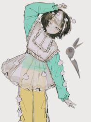 Rule 34 | 1girl, arm over head, arm up, black hair, blunt bangs, closed mouth, dot nose, dress, expressionless, frilled dress, frills, green sweater, grey background, half-closed eyes, highres, hiro 016016, leaning to the side, long sleeves, looking at viewer, multicolored hair, original, pants, rabbit ornament, see-through, see-through skirt, short hair, simple background, skirt, solo, standing, streaked hair, sweater, two-tone hair, white dress, white eyes, white hair, yellow pants