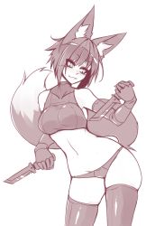 Rule 34 | 1girl, absurdres, animal ear fluff, animal ears, bare shoulders, breasts, combat knife, commentary, covered collarbone, crop top, dual wielding, elbow gloves, english commentary, eyes visible through hair, fox ears, gloves, greyscale, halterneck, highres, holding, knife, looking away, mana (sub-res), medium breasts, midriff, monochrome, original, panties, parted lips, short hair, sketch, smile, solo, sub-res, thighhighs, underwear, weapon
