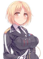 Rule 34 | 1girl, amane hasuhito, blonde hair, breasts, brown eyes, commentary request, girls&#039; frontline, hat, unworn hat, unworn headwear, large breasts, looking at viewer, military, military uniform, mp40 (girls&#039; frontline), necktie, short hair, simple background, smile, solo, uniform, white background