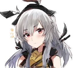 Rule 34 | 1girl, ^^^, animal ears, arknights, bare shoulders, blush, closed mouth, grey hair, head tilt, horn/wood, long hair, portrait, red eyes, simple background, sleeveless, solo, weedy (arknights), white background