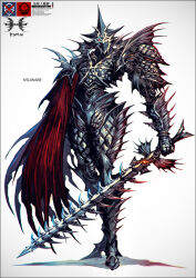 Rule 34 | 1other, ambiguous gender, armor, artist name, cape, facing viewer, fins, full armor, full body, helm, helmet, holding, holding sword, holding weapon, k-suwabe, original, pisces (zodiac), red cape, scales, shoulder plates, side cape, spiked armor, spiked helmet, standing, sword, tagme, weapon, zodiac