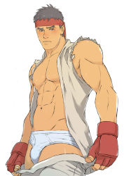 Rule 34 | 1boy, black hair, blush, briefs, bulge, capcom, clothes pull, headband, male focus, male underwear, pants, pants pull, ryu (street fighter), solo, street fighter, underwear, white background