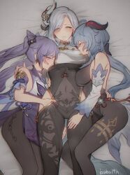 Rule 34 | 3girls, ahoge, baba19h, bare shoulders, bed sheet, black leotard, black pantyhose, blue hair, blush, bodystocking, bodysuit, bow, breast curtains, breasts, closed eyes, cone hair bun, covered erect nipples, detached sleeves, dress, ganyu (genshin impact), genshin impact, gold trim, grey hair, groin, hair bun, hair ornament, hair over one eye, hand under clothes, hip vent, horns, keqing (genshin impact), large breasts, leotard, leotard under clothes, long hair, looking at another, low ponytail, lying, medium breasts, multiple girls, on back, on side, pantyhose, pink eyes, purple hair, shenhe (genshin impact), sideboob, sidelocks, tassel, thighlet, thighs, vision (genshin impact), white sleeves, yuri