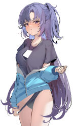 Rule 34 | 1girl, absurdres, black panties, black shirt, blue archive, blush, breasts, collarbone, commentary, full-face blush, highres, jacket, jacket partially removed, lanyard, large breasts, looking at viewer, no pants, panties, panty pull, purple eyes, purple hair, shirt, simple background, sketch, solo, symbol-only commentary, track jacket, underwear, white background, xxx (b22n 97), yuuka (blue archive), yuuka (track) (blue archive)