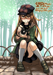 Rule 34 | 10s, 1girl, :q, argyle, bag, brown eyes, brown hair, cabbie hat, camera, character name, crescent, crescent pin, dated, engacyo (engacyo39800yen), glasses, hair between eyes, hat, highres, holding, holding camera, hood, hooded jacket, jacket, kantai collection, lens flare, loafers, long hair, looking at viewer, mochizuki (kancolle), red-framed eyewear, satchel, shoes, socks, solo, squatting, tongue, tongue out, tree, twitter username