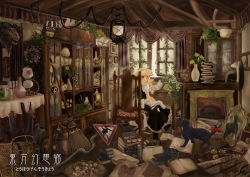 Rule 34 | 1girl, animal, basket, blonde hair, book, bow, broom, brown theme, buta (jason13dead), cat, chair, cupboard, desk, female focus, fireplace, flower, hat, unworn hat, unworn headwear, highres, indoors, kirisame marisa, lamp, lantern, loaded interior, looking back, messy, messy room, mirror, mushroom, muted color, plant, reflection, room, roomscape, sign, sitting, solo, touhou, vase, window, witch, witch hat