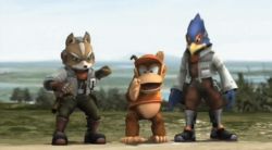 Rule 34 | 00s, 2008, 3boys, 3d, animal ears, animated, animated gif, ape, bird, boots, chimpanzee, crossed arms, diddy kong, donkey kong (series), dragging, falco lombardi, feathers, foliage, fox, fox ears, fox mccloud, frown, furry, furry male, green eyes, jacket, jungle, male focus, monkey, monkey tail, multiple boys, nature, nintendo, outdoors, red headwear, red scarf, river, scarf, star fox, super smash bros., tail, toes, tree, walking