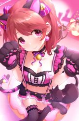 Rule 34 | 1girl, animal ears, animal hands, bell, bow, breasts, brown hair, bvucki36gzoeq1c, cat, cat ears, cat paws, cat tail, choker, collar, collarbone, commentary, crop top, doughnut-shaped pillow, earrings, fake animal ears, fake tail, frilled sleeves, frills, from above, gloves, hair bell, hair bow, hair ornament, highres, idolmaster, idolmaster cinderella girls, idolmaster cinderella girls starlight stage, jack-o&#039;-lantern, jewelry, jingle bell, lace, lace-trimmed legwear, lace trim, long hair, looking at viewer, navel, neck bell, paw gloves, pom pom (clothes), pom pom earrings, ponytail, pumpkin, purple eyes, ribbon, shiina noriko, short shorts, short sleeves, shorts, sitting, small breasts, solo, suspenders, symbol-only commentary, tail, tail bell, tail bow, tail ornament, tail ribbon, thighhighs