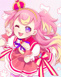 Rule 34 | 1girl, ;d, blonde hair, bow, brooch, cowboy shot, crown, cure wonderful, dress, dress bow, earrings, gradient background, hairband, heart, heart brooch, highres, inukai komugi, jewelry, leaning forward, long hair, looking at viewer, magical girl, mini crown, multicolored hair, multicolored pantyhose, one eye closed, open mouth, pantyhose, paw pose, paw print, pink dress, pink hair, pink wrist cuffs, polka dot, polka dot background, pouch, precure, puffy sleeves, purple bow, purple eyes, short dress, smile, solo, standing, streaked hair, striped bow, te!, tilted headwear, two-tone hair, two side up, wonderful precure!, wrist cuffs, yellow hairband