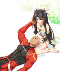 Rule 34 | 1boy, 1girl, archer (fate), armor, bare shoulders, barefoot, black hair, crown, dark-skinned male, dark skin, earrings, fate/grand order, fate/stay night, fate (series), feet, hair ornament, hair ribbon, highres, hoop earrings, ishtar (fate), jewelry, long hair, lying on person, red eyes, ribbon, single thighhigh, soles, thighhighs, toes, tohsaka rin, toyoyuki, twintails, two side up, white hair