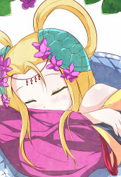 Rule 34 | 1girl, animal, bad id, bad pixiv id, bare shoulders, blonde hair, blush, denis053, flower, food, fruit, grapes, hair flower, hair ornament, hair strand, leaf, long hair, long sleeves, meimei (p&amp;d), off shoulder, puzzle &amp; dragons, scales, simple background, sleeping, snake, solo, turtle shell, white background, zuo wei er