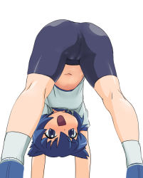Rule 34 | 00s, 1girl, animal ears, ass, bent over, bike shorts, blue eyes, blue hair, blush, calpara, calpara shed, cameltoe, cat ears, crotch, flat chest, hands reach floor, kneepits, looking through own legs, matching hair/eyes, midriff, navel, open mouth, pani poni dash!, serizawa akane, short hair, smile, solo, spandex, thighhighs, tight clothes, top-down bottom-up, upside-down