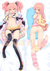 Rule 34 | 10s, 1girl, :d, alternate hairstyle, ass, badge, bare shoulders, barefoot, belt, blush, boots, bow, breasts, breasts out, button badge, cross-laced footwear, dakimakura (medium), earrings, feet, gradient background, hair bow, hair down, heart, heart earrings, homura subaru, hugging object, idolmaster, idolmaster cinderella girls, jewelry, jougasaki mika, leg warmers, long hair, looking at viewer, looking back, midriff, multiple views, nail polish, navel, nipples, open belt, open fly, open mouth, pillow, pillow hug, pink hair, sample watermark, see-through, shiny skin, short shorts, shorts, smile, thigh boots, thighhighs, toenail polish, toenails, toes, twintails, unzipped, watermark, yellow eyes