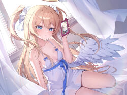 Rule 34 | 1boy, 1girl, absurdres, angel wings, bar censor, bare shoulders, blonde hair, blue eyes, blush, breasts, cellphone, censored, curtains, feathered wings, fellatio, ggwa, halo, highres, holding, holding phone, long hair, looking at viewer, low wings, multiple views, nightgown, non-web source, on bed, oral, original, parted lips, penis, phone, sitting, small breasts, smartphone, two side up, white nightgown, wind, wings