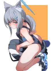 Rule 34 | 1girl, animal ear fluff, animal ears, ass, bag, blue archive, blue eyes, blue halo, blush, breasts, closed mouth, commentary request, competition swimsuit, cross hair ornament, fu-ta, grey hair, hair ornament, halo, highres, looking at viewer, medium hair, official alternate costume, one-piece swimsuit, orange background, shiroko (blue archive), shiroko (swimsuit) (blue archive), shoes, small breasts, sneakers, solo, swimsuit, two-tone background, wet, white background, white footwear