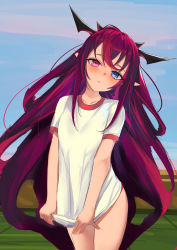 Rule 34 | 1girl, absurdres, blue eyes, blush, clothes pull, collarbone, commentary, english commentary, gym uniform, head tilt, heterochromia, highres, hololive, hololive english, horns, irys (hololive), long hair, looking at viewer, multiple horns, no pants, pink eyes, pointy ears, purple hair, rifufu, shirt, shirt pull, solo, very long hair, virtual youtuber, white shirt