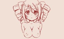Rule 34 | 1girl, blush, breasts, drill hair, hair ribbon, jashin-chan dropkick, large breasts, looking at viewer, lowres, monochrome, nipples, open mouth, pino (jashin-chan dropkick), ribbon, sketch, solo, twin drills, upper body