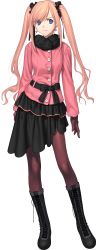 Rule 34 | 1girl, absurdres, blue eyes, brown hair, coat, full body, goth fashion, highres, mahou tsukai no yoru, may riddell archelot, official art, pantyhose, pink coat, pink shirt, shirt, skirt, solo, transparent background, twintails