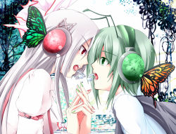 Rule 34 | 2girls, antennae, bow, bug, butterfly, butterfly hair ornament, eye contact, face-to-face, female focus, fujiwara no mokou, green eyes, green hair, green nails, hair bow, hair ornament, headphones, holding hands, insect, long hair, looking at another, magnet (vocaloid), midori (misuriru8), midori (pixiv76139), multiple girls, nail polish, open mouth, parody, pink nails, red eyes, short hair, silver hair, touhou, vocaloid, wriggle nightbug, yuri