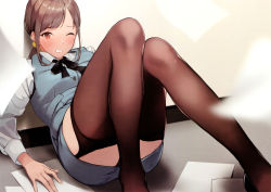 Rule 34 | 1girl, absurdres, black footwear, black panties, blue skirt, blue vest, blurry, blush, breasts, brown hair, brown thighhighs, buttons, clenched teeth, doushimasho, earrings, fallen down, garter straps, highres, indoors, jewelry, knees together feet apart, long hair, lying, neck ribbon, office lady, one eye closed, original, panties, paper, parted bangs, parted lips, red eyes, ribbon, scan, shirt, sidelocks, simple background, skirt, solo, teeth, thighhighs, underwear, vest