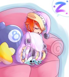 Rule 34 | 1girl, animal slippers, bad id, bad pixiv id, blush, bunny slippers, captain kirb, couch, george the bomb, hat, hugging object, hugging own legs, nightcap, orange hair, peacock (skullgirls), pillow, pillow hug, short hair, simple background, skullgirls, sleeping, slippers, solo, speech bubble, star (symbol), white background, zzz