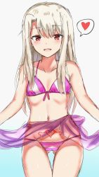 Rule 34 | 1girl, bad id, bad pixiv id, bare shoulders, bikini, blush, breasts, clothes lift, collarbone, cowboy shot, fary5, fate/stay night, fate (series), gluteal fold, gradient background, heart, highres, hip focus, illyasviel von einzbern, long hair, looking at viewer, navel, open mouth, pink bikini, pubic tattoo, red eyes, sarong, sarong lift, sketch, small breasts, smile, solo, spoken heart, stomach tattoo, striped bikini, striped clothes, swimsuit, tattoo, thigh gap, thighs, white hair