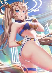 Rule 34 | 1girl, adapted costume, ass, blonde hair, blue eyes, blue sky, blurry, blurry foreground, blush, bradamante (fate), bradamante (third ascension) (fate), braid, breasts, cloud, colored eyelashes, commentary request, cowboy shot, day, depth of field, fate/grand order, fate (series), french braid, from behind, glint, gloves, hair between eyes, hair ribbon, halo, large breasts, leotard, light brown hair, long hair, looking at viewer, looking back, midriff, navel, open mouth, outdoors, parted lips, pillar, ribbon, saruei, sidelocks, sky, solo, stomach, thigh strap, thighs, twintails, twisted torso, very long hair, white gloves