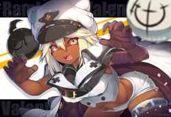 Rule 34 | 1girl, bandaged arm, bandages, belt, belt buckle, bent over, black belt, blonde hair, breasts, buckle, buttons, character name, claw pose, clover, cowboy shot, dark-skinned female, dark skin, fangs, four-leaf clover, glint, guilty gear, guilty gear strive, hair between eyes, hat, hat with ears, looking at viewer, medium breasts, medium hair, micro shorts, migumigu, navel, o-ring, open fly, ramlethal valentine, shorts, skindentation, solo, sparkle, teeth, thigh strap, twitter username, white hat, white shorts, yellow eyes