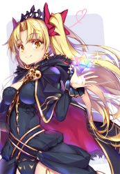 Rule 34 | 1girl, black cape, black dress, blush, bow, breasts, cape, closed mouth, commentary request, crystal, dress, ereshkigal (fate), fate/grand order, fate (series), fur-trimmed cape, fur trim, grey background, hair bow, hand up, hong (white spider), large breasts, long hair, long sleeves, looking at viewer, purple bow, saint quartz (fate), skull, smile, solo, tiara, tohsaka rin, twintails, two-tone background, very long hair, white background