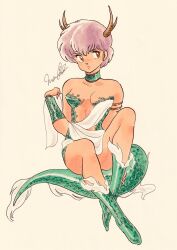 Rule 34 | 1980s (style), 1girl, armlet, boots, breasts, brown eyes, choker, cleavage, commentary, dragon girl, dragon horns, dragon tail, fujinami ryuunosuke, full body, green choker, green footwear, green wristband, highres, horns, knee boots, looking at viewer, mendako da, oldschool, pink hair, retro artstyle, scales, signature, simple background, small breasts, solo, symbol-only commentary, tail, urusei yatsura, wristband, yellow background